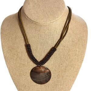 Vintage Lia Sophia Mother of Pear Beaded Cord Necklace Brown Coastal Grandma